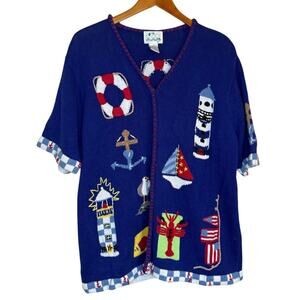 Quacker Factory Cardigan Women Large Blue Coastal Nautical Novelty Beach Ocean